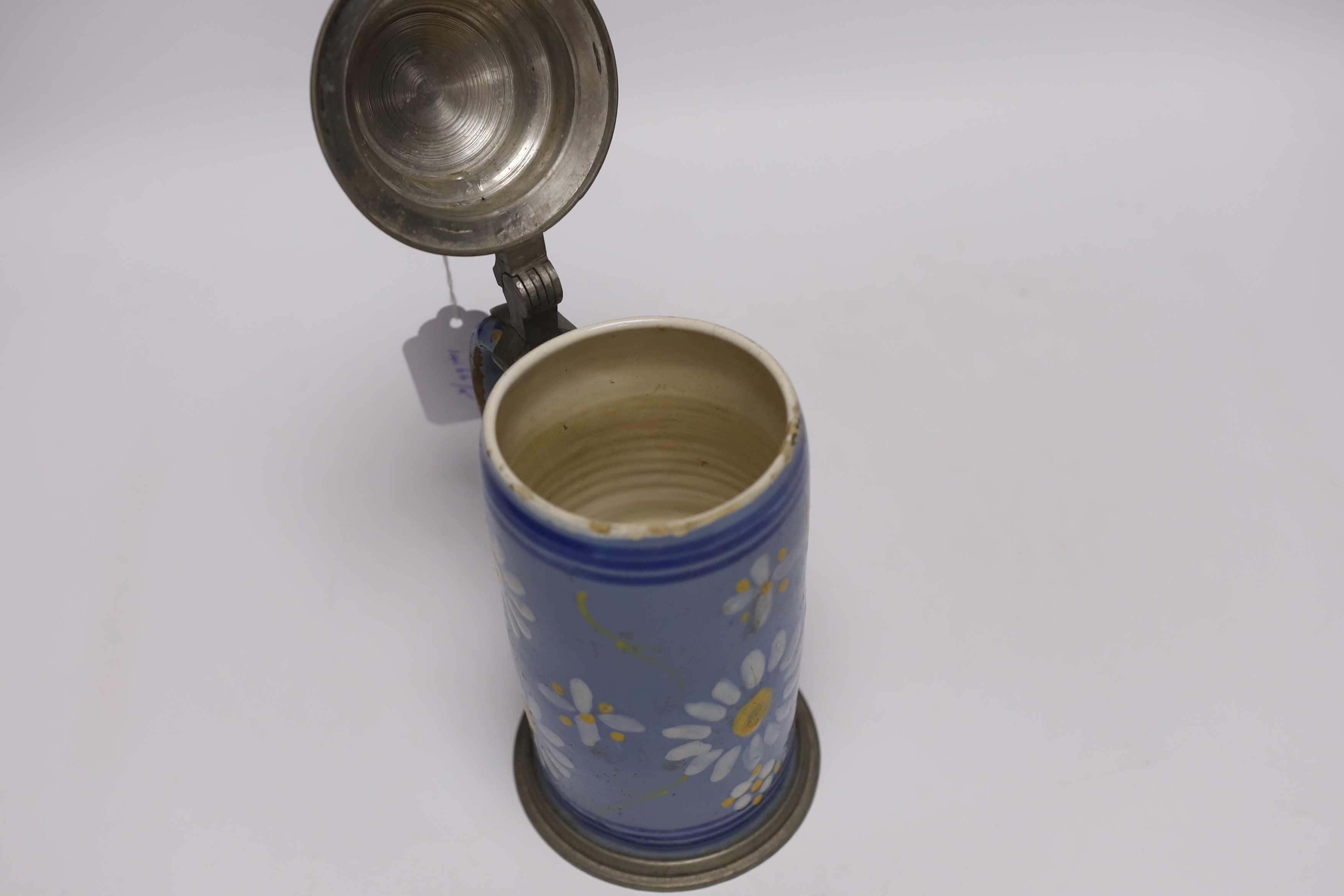 A South German pewter mounted faience tankard, 22cm